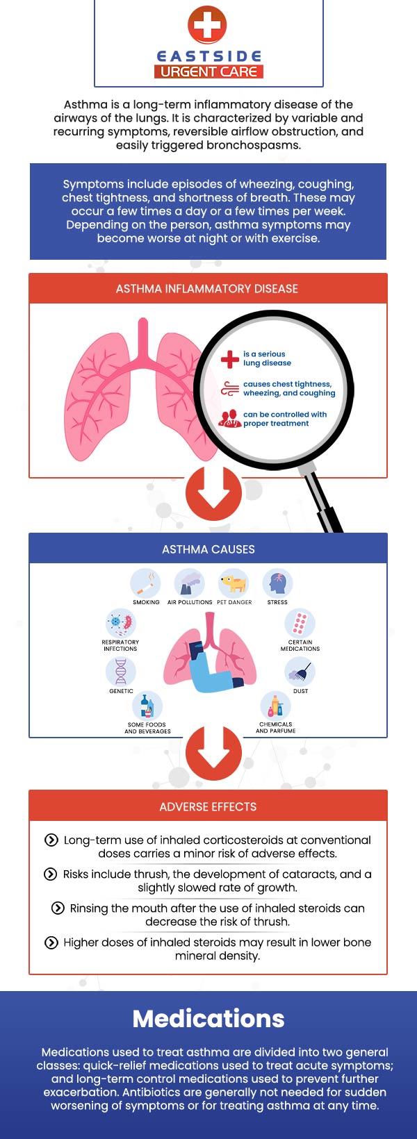 Asthma is a chronic respiratory disease that can cause a variety of symptoms including wheezing, shortness of breath, chest tightness, rapid breathing, and fatigue. Eastside Urgent Care helps manage asthma for all ages. Walk in today. For more information, contact us or book a same-day priority appointment. We are conveniently located at 872 Ohio Pike Cincinnati, OH 45245. 