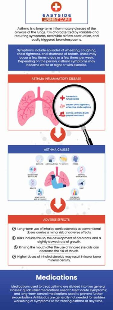 Asthma is a chronic respiratory disease that can cause a variety of symptoms including wheezing, shortness of breath, chest tightness, rapid breathing, and fatigue. Eastside Urgent Care helps manage asthma for all ages. Walk in today. For more information, contact us or book a same-day priority appointment. We are conveniently located at 872 Ohio Pike Cincinnati, OH 45245. 