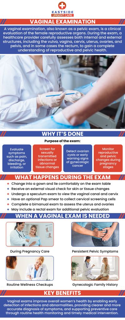 A vaginal examination involves using the vagina to physically inspect the organs in the pelvis. It can identify any symptoms of ovarian cysts, some STDs, uterine growths, or early-stage cancer. Dr. Noor U. Hassan MD, at Eastside Urgent Care offers vaginal examination in Cincinnati, OH. For more information, contact us or book an appointment. You can also visit us online to get directions to our clinic. We are conveniently located at 872 Ohio Pike, Cincinnati, OH 45245.